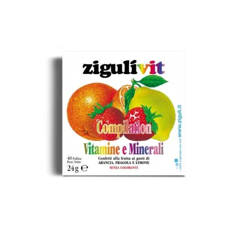 Zigulì Compilation Vitamine e Minerali Caramelle Gusto Arancia Fragola e Limone Zigulì Compilation Vitamine e Minerali Caramelle Gusto Arancia Fragola e Limone
