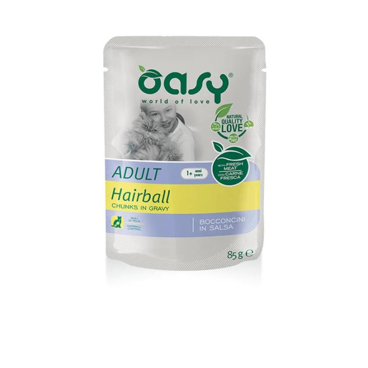 Oasy Adult Hairball Bocconcini in salsa per gatti predisposti ai Boli di Pelo 85 g Oasy Adult Hairball Bocconcini in salsa per gatti predisposti ai Boli di Pelo 85 g