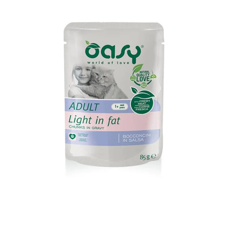 Oasy Adult Light in Fat Bocconcini in salsa per gatti sovrappeso 85 g Oasy Adult Light in Fat Bocconcini in salsa per gatti sovrappeso 85 g