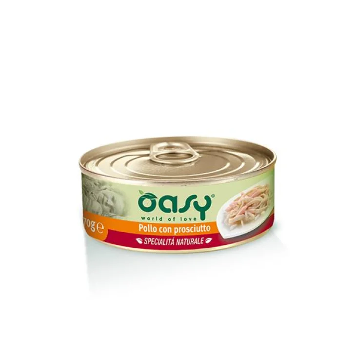 Oasy Pollo con Prosciutto Specialit&agrave; Naturali Cibo Umido per Gatti in Lattina 70 g