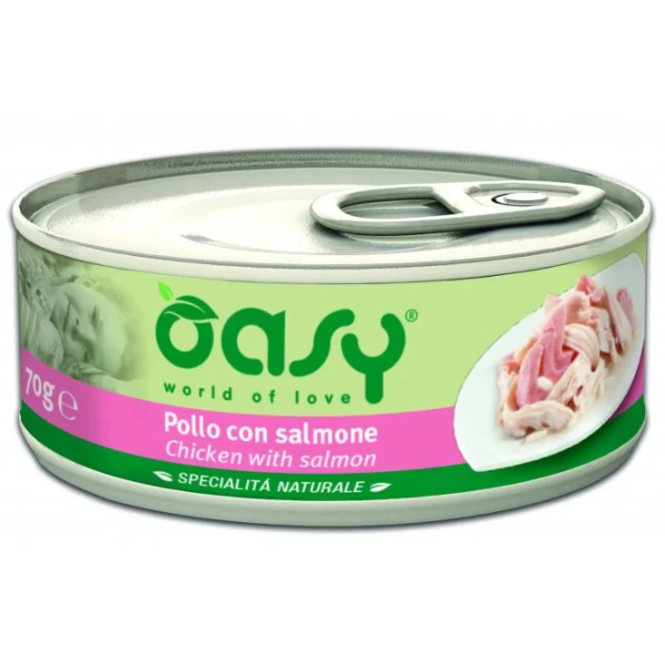 Oasy Pollo con Salmone Specialit&agrave; Naturali Cibo Umido per Gatti in Lattina 70 g