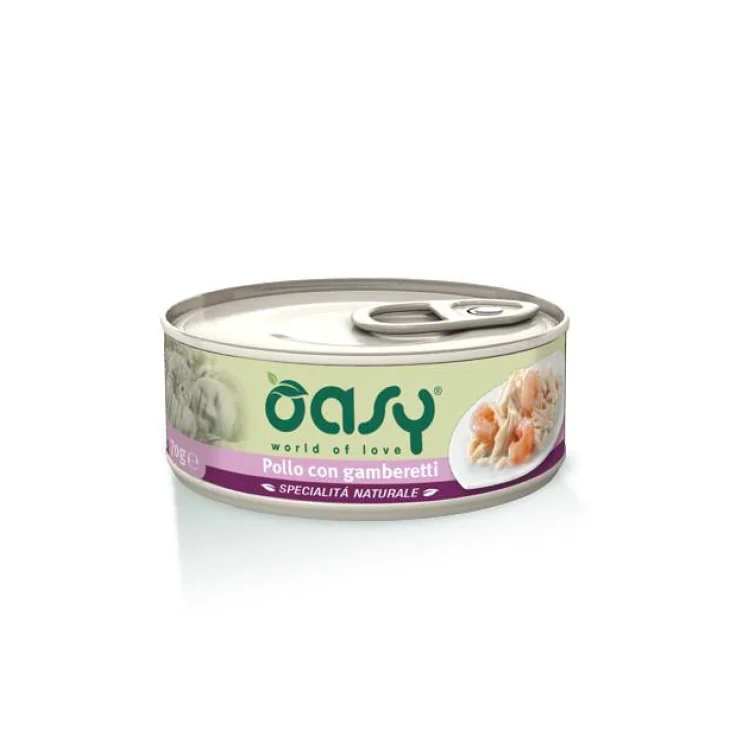 Oasy Pollo con Gamberetti Specialit&agrave; Naturali Cibo Umido per gatti in lattina 70 g