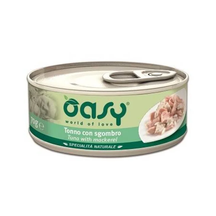 Oasy Tonno con Sgombro Specialit&agrave; Naturali Cibo Umido per gatti in lattina 70 g