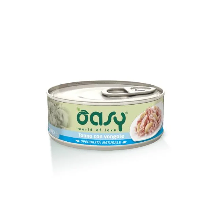 Oasy Tonno con Vongole Specialit&agrave; Naturali Cibo umido per gatti in lattina 70 g