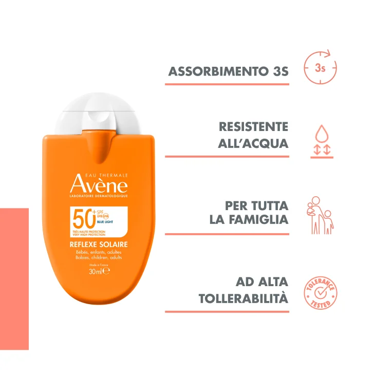 Av&egrave;ne Eau Thermale Reflexe Solaire SPF50+ Protezione Solare per Beb&egrave; Bambini e Adulti 30 ml