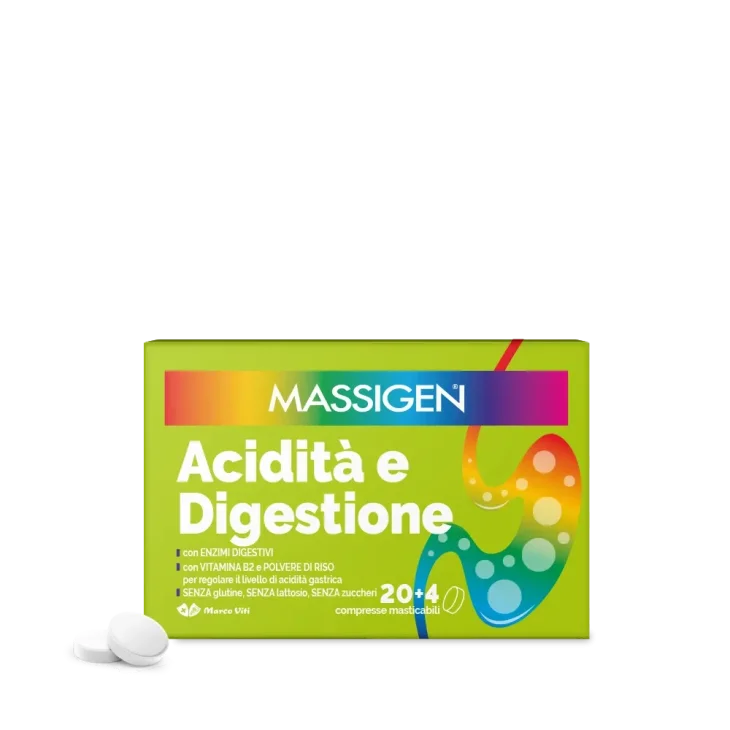 Massigen Acidità e Digestione Integratore per Disturbi Gastrointestinali 24 compresse masticabili Massigen Acidità e Digestione Integratore per Disturbi Gastrointestinali 24 compresse masticabili
