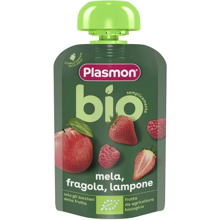 Plasmon Pouches Mela Fragola e Lampone Merenda per Bambini Bio 100 g Plasmon Pouches Mela Fragola e Lampone Merenda per Bambini Bio 100 g