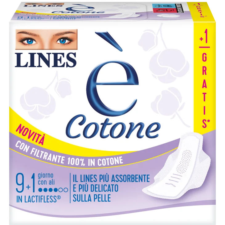 Lines é Cotone Assorbenti Giorno in Lactifless con Ali 10 pezzi Lines é Cotone Assorbenti Giorno in Lactifless con Ali 10 pezzi