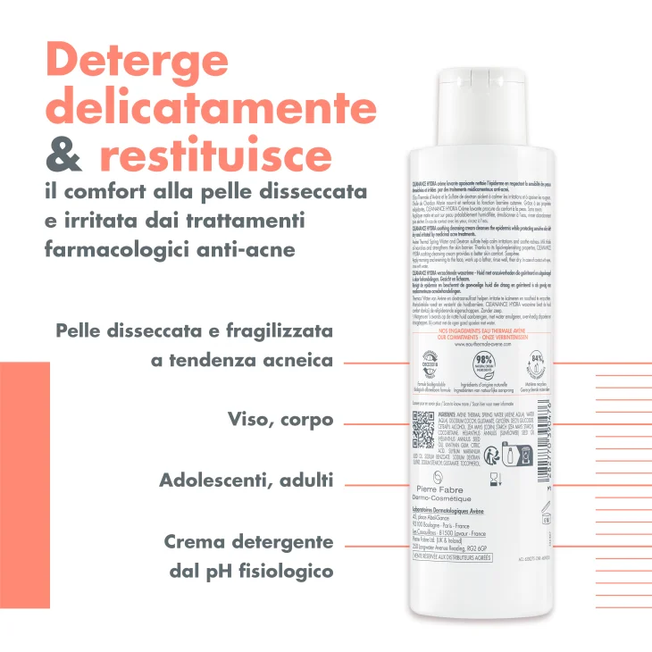 Av&egrave;ne Eau Thermale Cleanance Hydra Crema Detergente Lenitiva, Deterge e Nutre, Pelle secca a tendenza acneica e fragilizzata dai trattamenti anti-acne, 200ml