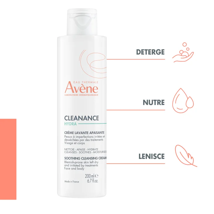 Av&egrave;ne Eau Thermale Cleanance Hydra Crema Detergente Lenitiva, Deterge e Nutre, Pelle secca a tendenza acneica e fragilizzata dai trattamenti anti-acne, 200ml