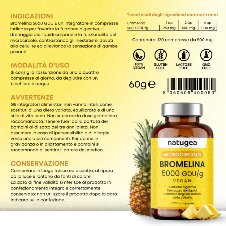 Natugea Bromelina 5000 Integratore Contro Cellulite 120 compresse