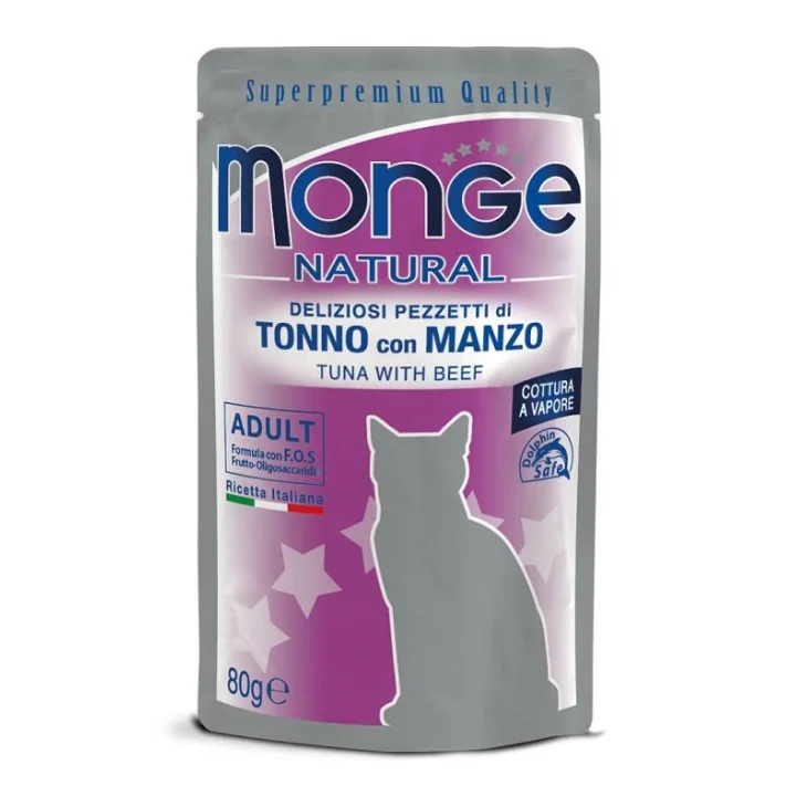 Monge Natural Pezzetti Di Tonno Con Manzo Alimento Complementare per Gatti Adulti 80 g