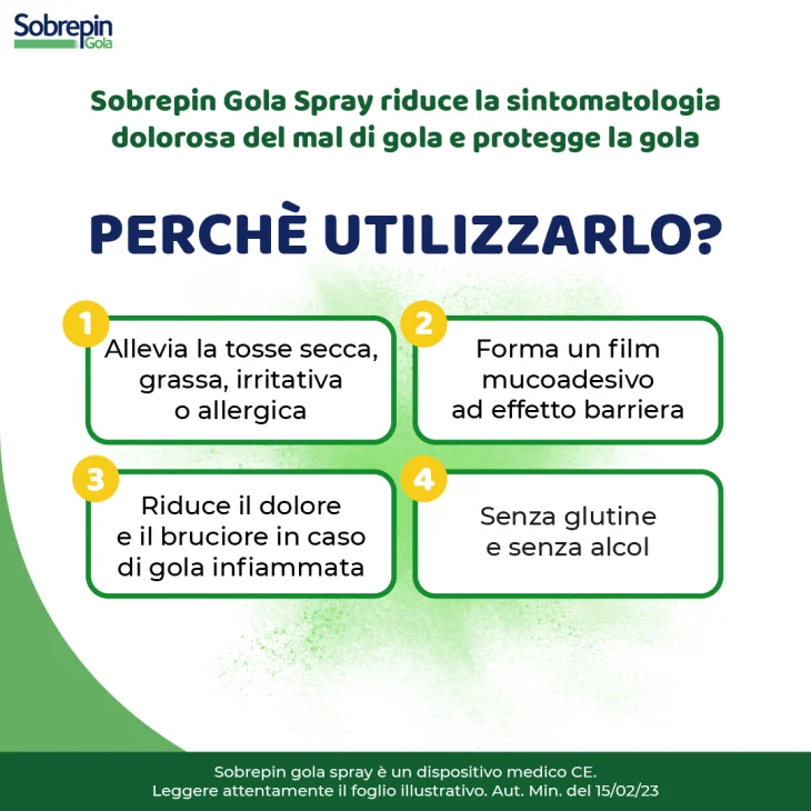 Sobrepin Gola Spray &egrave; un dispositivo ad azione emolliente e lenitiva Per la Gola 20 ml