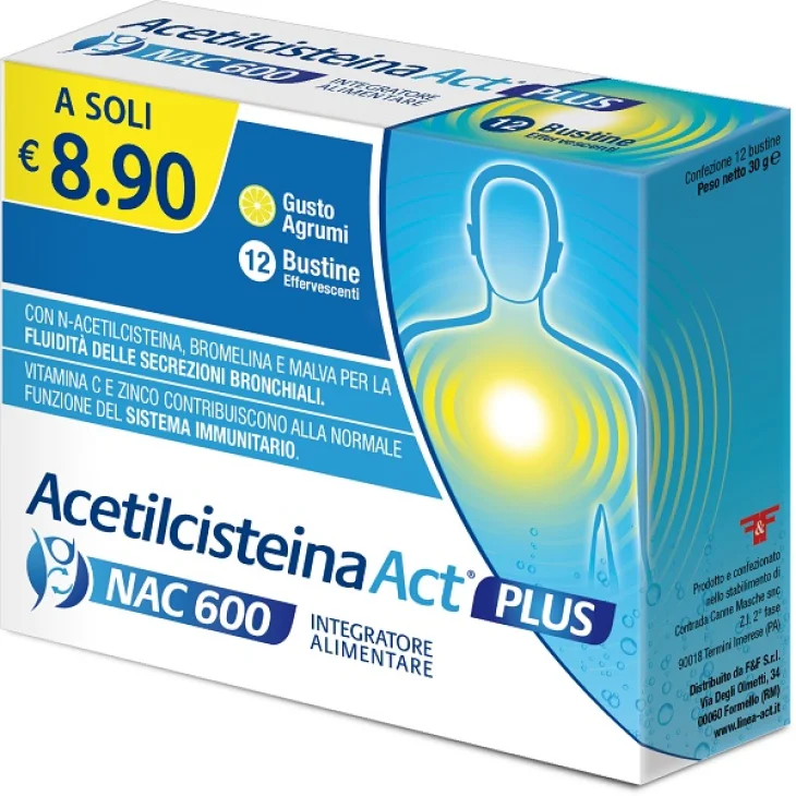 Acetilcisteina Act 600 Plus Integratore per Vie Respiratorie e Sistema Immunitario 12 bustine da 2.5 g Acetilcisteina Act 600 Plus Integratore per Vie Respiratorie e Sistema Immunitario 12 bustine da 2.5 g