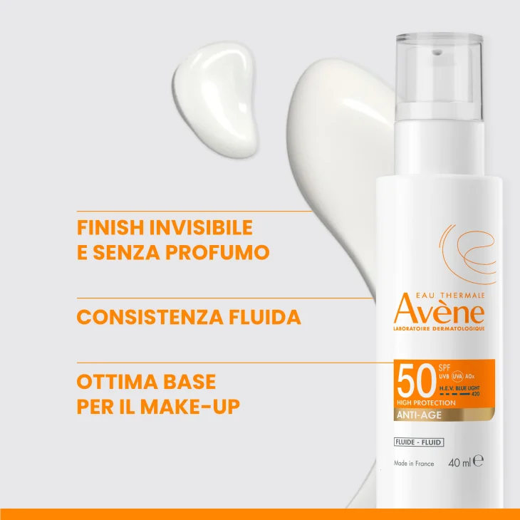 Av&egrave;ne Eau Thermale Fluido Anti-et&agrave; Protezione solare alta SPF 50, Riduce le rughe rimpolpa la pelle e protegge quotidianamente dai raggi UVB, UVA e Luce Blu, 40ml
