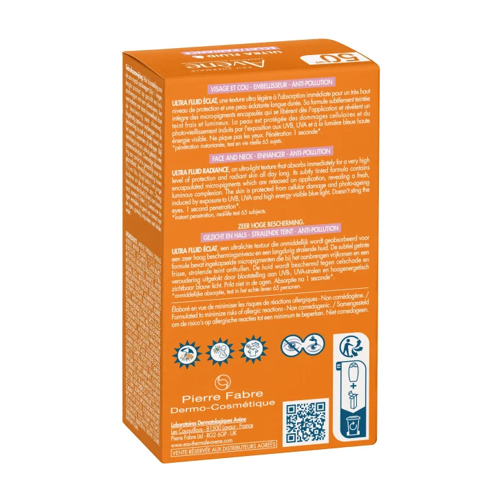 Av&egrave;ne Eau Thermale Ultra Fluid Luminosit&agrave; Protezione molto alta SPF50+, Finish luminoso e Ultra leggero, Protezione quotidiana raggi UVB, UVA e Luce Blu, 50ml