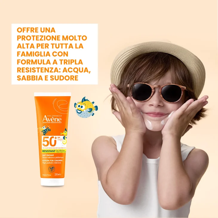 Av&egrave;ne Eau Thermale Latte Bambino Protezione Solare molto alta SPF 50+, Tripla resistenza Acqua sabbia e sudore, Alta tollerabilit&agrave; pelle sensibile, 250ml