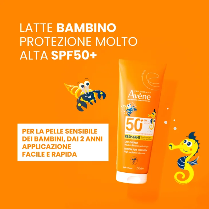 Av&egrave;ne Eau Thermale Latte Bambino Protezione Solare molto alta SPF 50+, Tripla resistenza Acqua sabbia e sudore, Alta tollerabilit&agrave; pelle sensibile, 250ml
