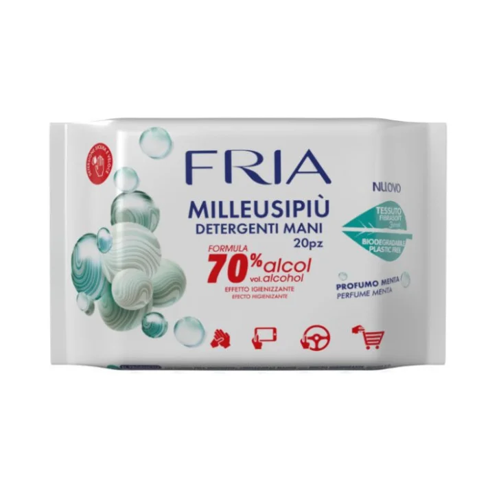 Fria Milleusipiù Salviette Igienizzanti Mani 70% Alcool e Menta 20 Pezzi Fria Milleusipiù Salviette Igienizzanti Mani 70% Alcool e Menta 20 Pezzi