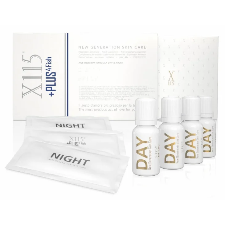 X115 +Plus 4 Fish Integratore Antiet&agrave; per la Pelle 15 Flaconcini + 15 Bustine Night