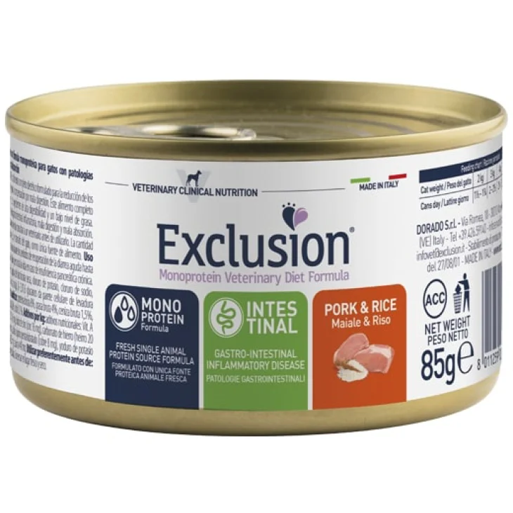 Exclusion Monoprotein Veterinary Diet Formula Intestinal Pork & Rice Alimento per Gatti con Disturbi Gastrointestinali 85 g