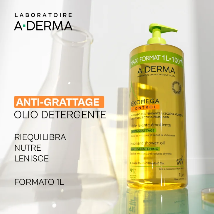 A-Derma Exomega Control Olio Detergente Emolliente “anti-grattage”, Nutriente Lenitivo, Pelle secca a tendenza atopica, viso e corpo di tutta la famiglia, 1l A-Derma Exomega Control Olio Detergente Emolliente “anti-grattage”, Nutriente Lenitivo, Pelle secca a tendenza atopica, viso e corpo di tutta la famiglia, 1l
