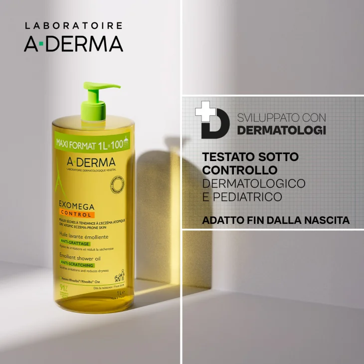 A-Derma Exomega Control Olio Detergente Emolliente “anti-grattage”, Nutriente Lenitivo, Pelle secca a tendenza atopica, viso e corpo di tutta la famiglia, 1l A-Derma Exomega Control Olio Detergente Emolliente “anti-grattage”, Nutriente Lenitivo, Pelle secca a tendenza atopica, viso e corpo di tutta la famiglia, 1l