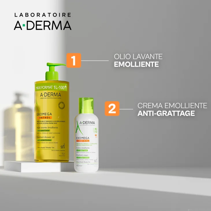 A-Derma Exomega Control Olio Detergente Emolliente “anti-grattage”, Nutriente Lenitivo, Pelle secca a tendenza atopica, viso e corpo di tutta la famiglia, 1l A-Derma Exomega Control Olio Detergente Emolliente “anti-grattage”, Nutriente Lenitivo, Pelle secca a tendenza atopica, viso e corpo di tutta la famiglia, 1l