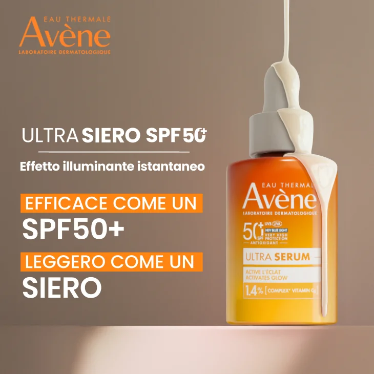 Eau Thermale Av&egrave;ne Ultra Siero SPF50+, Attiva la luminosit&agrave;, Protezione solare viso molto alta,  30ml