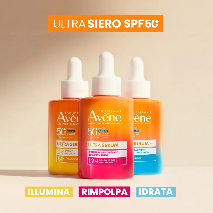 Eau Thermale Av&egrave;ne Ultra Siero SPF50+, Attiva la luminosit&agrave;, Protezione solare viso molto alta,  30ml