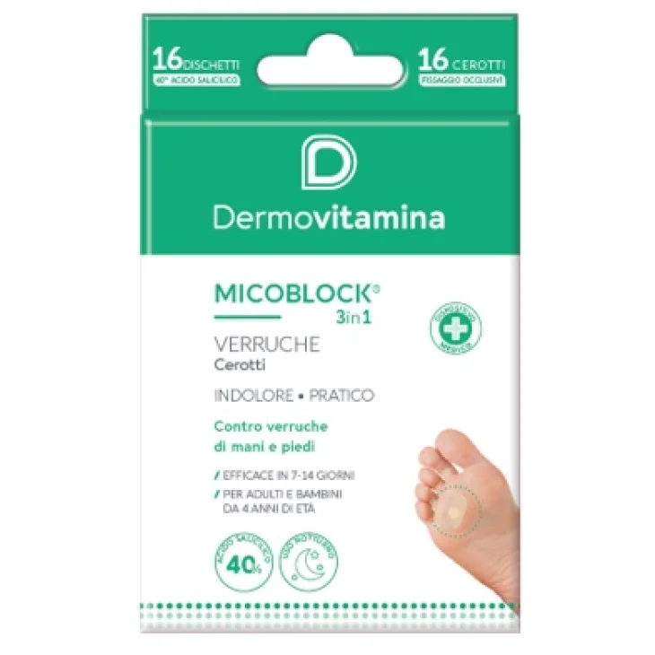 Dermovitamina MicoBlock 3in1 Cerotti per il Trattamento delle Verruche 16 Dischetti Dermovitamina MicoBlock 3in1 Cerotti per il Trattamento delle Verruche 16 Dischetti