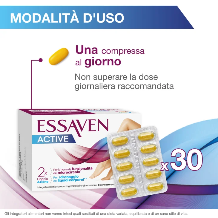 Essaven Active Integratore Alimentare per la Funzionalit&agrave; del Microcircolo e il Drenaggio dei Liquidi Corporei 30 Compresse Rivestite