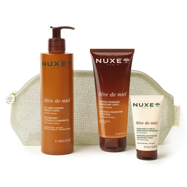 Nuxe R&ecirc;ve de Miel Coconing Body Routine Cofanetto con Gel Doccia 400ml + Scrub Corpo 200ml + Crema Mani e Unghie 30ml + Pochette
