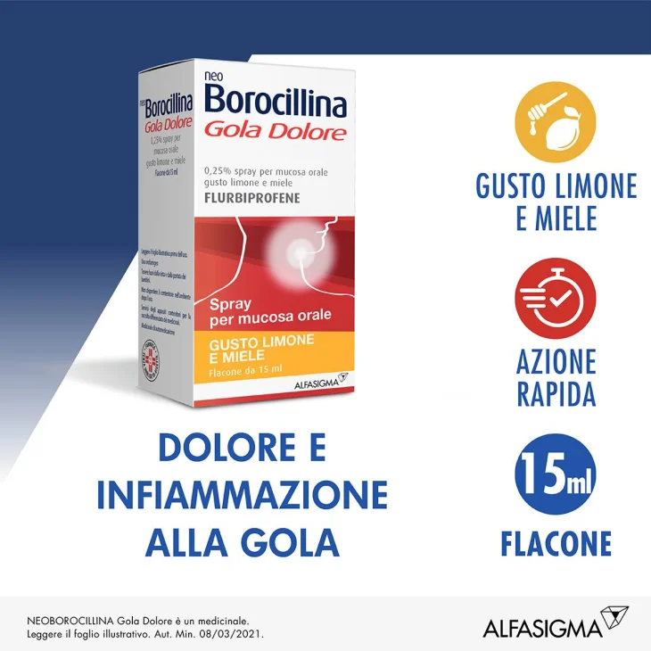 Neoborocillina Gola Dolore 37,5 mg - Flaconcino spray 15 ml - Gusto: Miele/Limone - Gusto: Miele/Limone