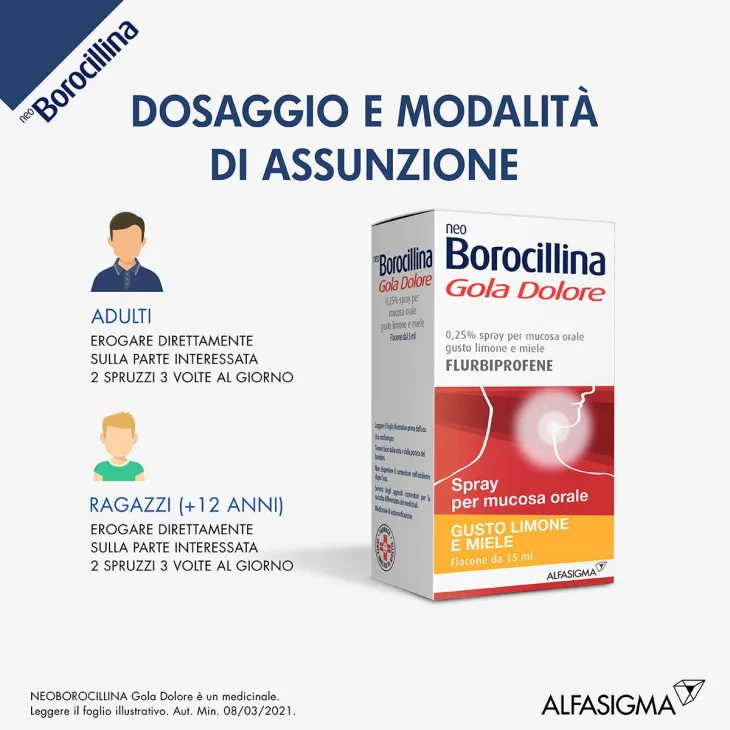 Neoborocillina Gola Dolore 37,5 mg - Flaconcino spray 15 ml - Gusto: Miele/Limone - Gusto: Miele/Limone