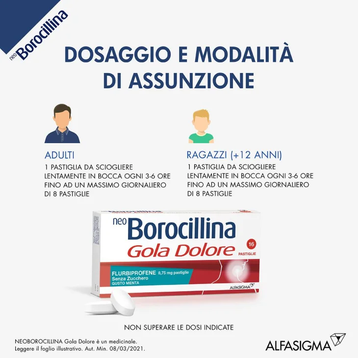 Neoborocillina Gola Dolore 8,75 mg - 16 pastiglie senza zucchero - Gusto: Menta Forte