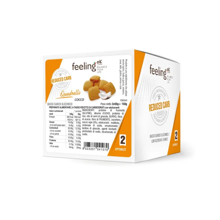 FeelingOk Optimize2 Quadrelli Gusto Cocco 50g Monoporzione FeelingOk Optimize2 Quadrelli Gusto Cocco 50g Monoporzione