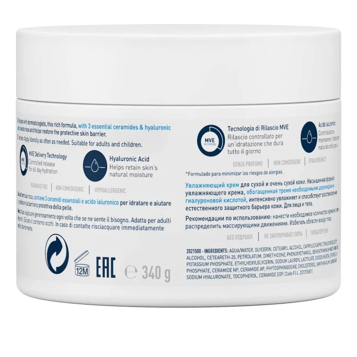 CeraVe Crema Idratante Per Pelli Da Secche a Molto Secche Per il Corpo e il Viso 340 g