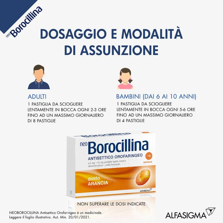 Neoborocillina Antisettico Orofaringeo 6,4 mg + 52 mg - Arancia 16 Pastiglie