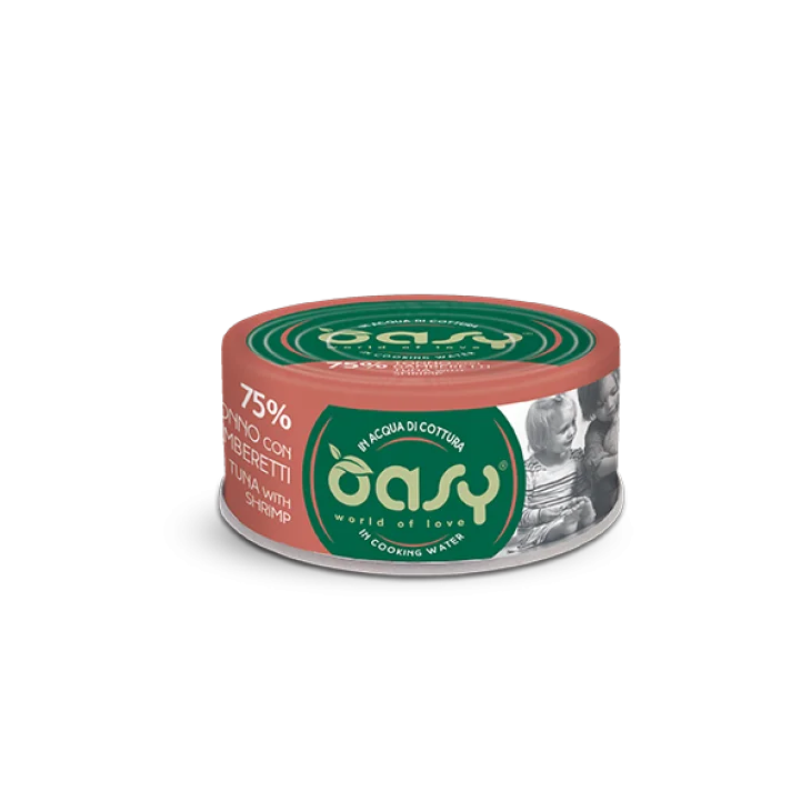 Oasy Wet Cat More Love Cibo Umido per Gatti in Lattina gusto Tonno con Gamberetti 70 g