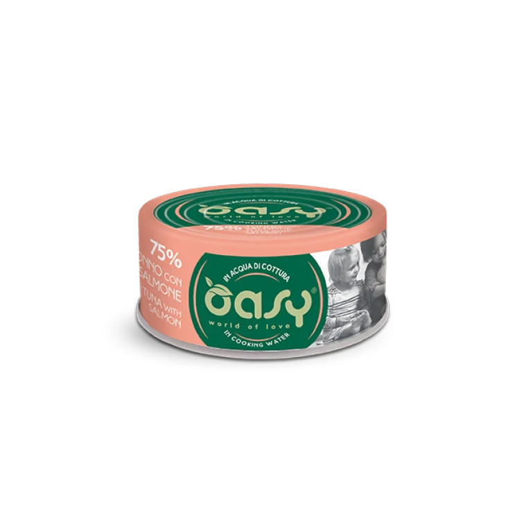Oasy Wet Cat More Love Cibo Umido per Gatti in Lattina gusto Tonno con Salmone 70 g