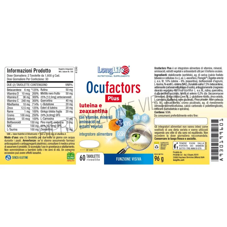 Longlife Ocufactors Plus Integratore Funzionalit&agrave; Visiva 60 Tavolette