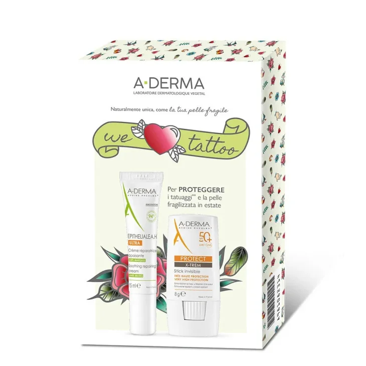 A-derma Protect Kit Tattoo Stick Invisibile Spf50+ 8 G + Epithelie Ah Ultracrema Riparatrice 15 Ml