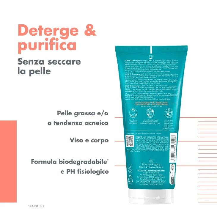 Av&egrave;ne Eau Thermale Cleanance Gel Detergente, Purificante e opacizzante, Pelle grassa a tendenza acneica, Ph fisiologico, 200ml