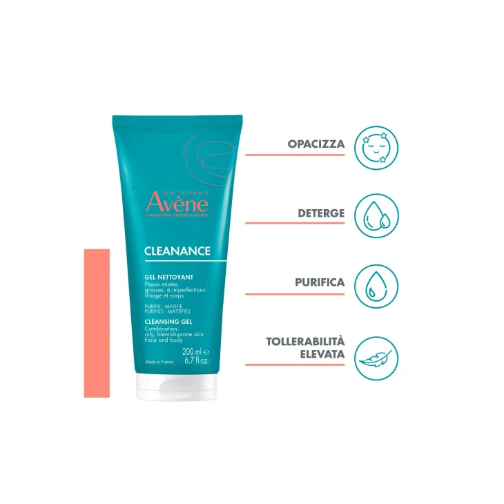 Av&egrave;ne Eau Thermale Cleanance Gel Detergente, Purificante e opacizzante, Pelle grassa a tendenza acneica, Ph fisiologico, 200ml