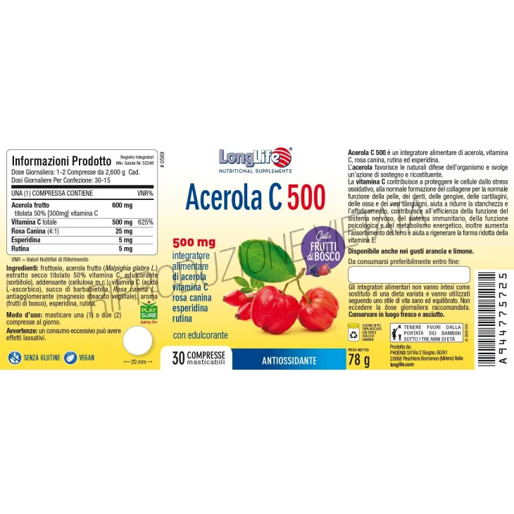 Longlife Acerola C500 Frutti Di Bosco Vitamina C 30 Compresse