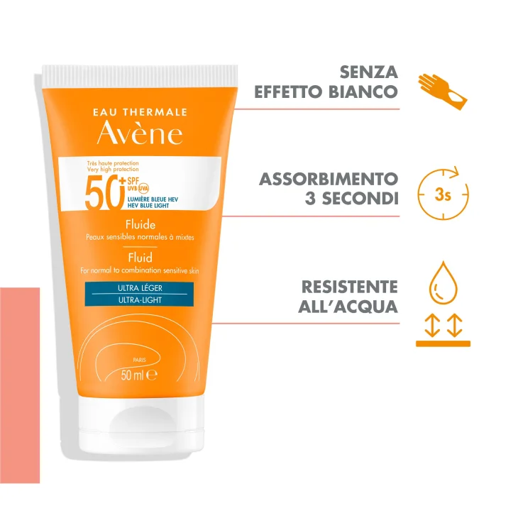 Av&egrave;ne Eau Thermale Fluido viso SPF50+ Protezione molto alta Ultra leggero, Finish invisibile senza residui, per una protezione quotidiana, 50ml