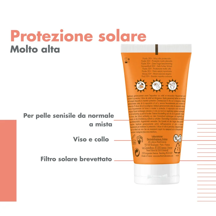 Av&egrave;ne Eau Thermale Fluido viso SPF50+ Protezione molto alta Ultra leggero, Finish invisibile senza residui, per una protezione quotidiana, 50ml