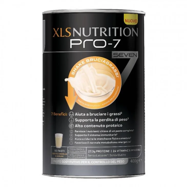 XLS Nutrition Pro 7 Sostituto Pasto Shake Bruciagrassi Gusto Vaniglia e Agrumi 400g XLS Nutrition Pro 7 Sostituto Pasto Shake Bruciagrassi Gusto Vaniglia e Agrumi 400g