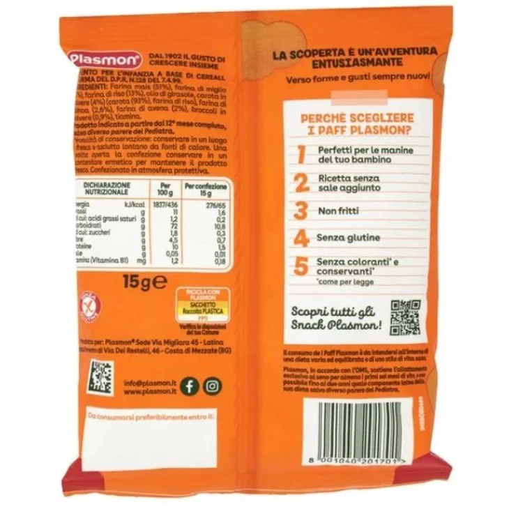 Plasmon i Paff Anellini Carote e Broccoli Snack per Bambini 15 g